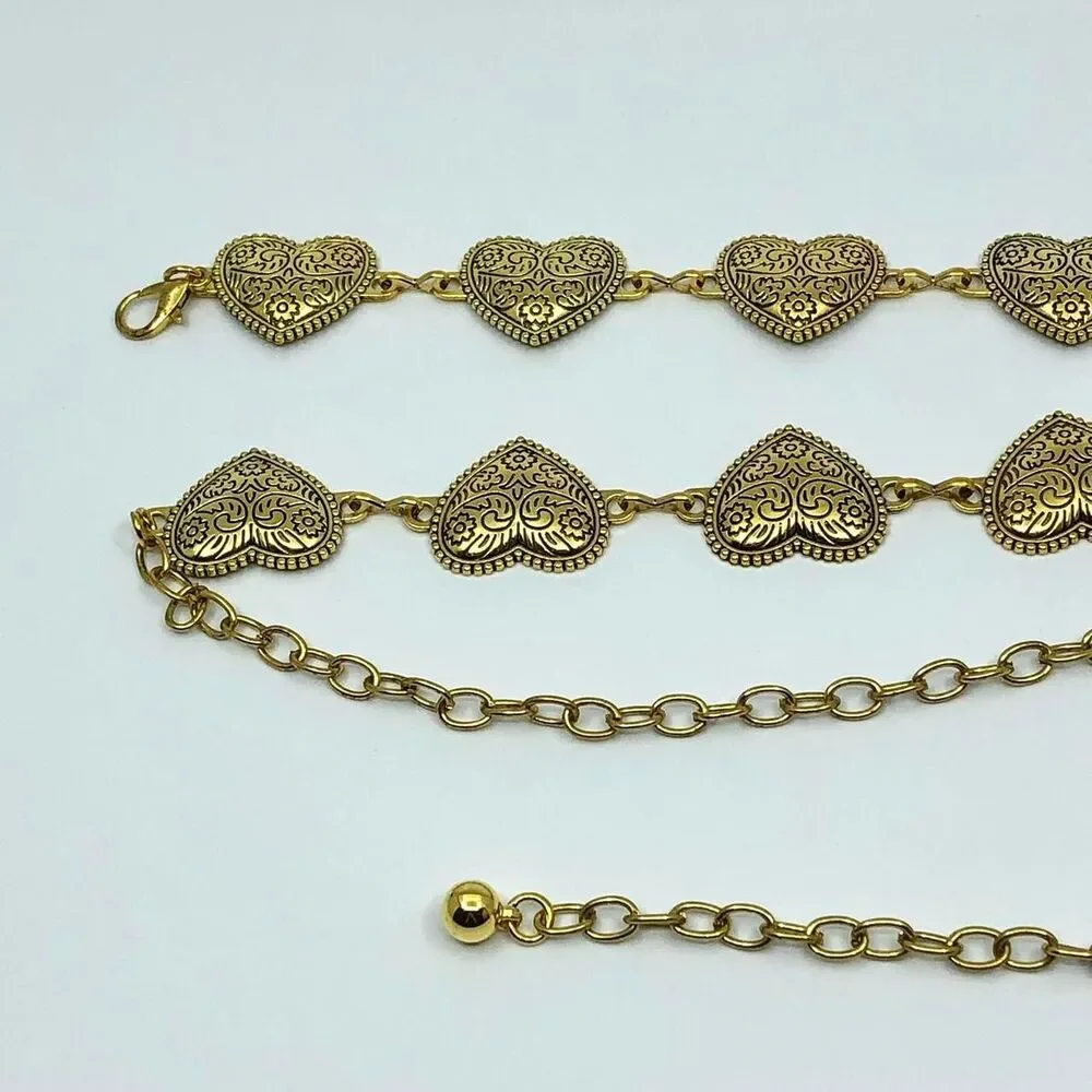 Vintage Y2K Boho Gold Textured Heart Chain Belt, Fits 22.5–40 Inches, X7GA1173